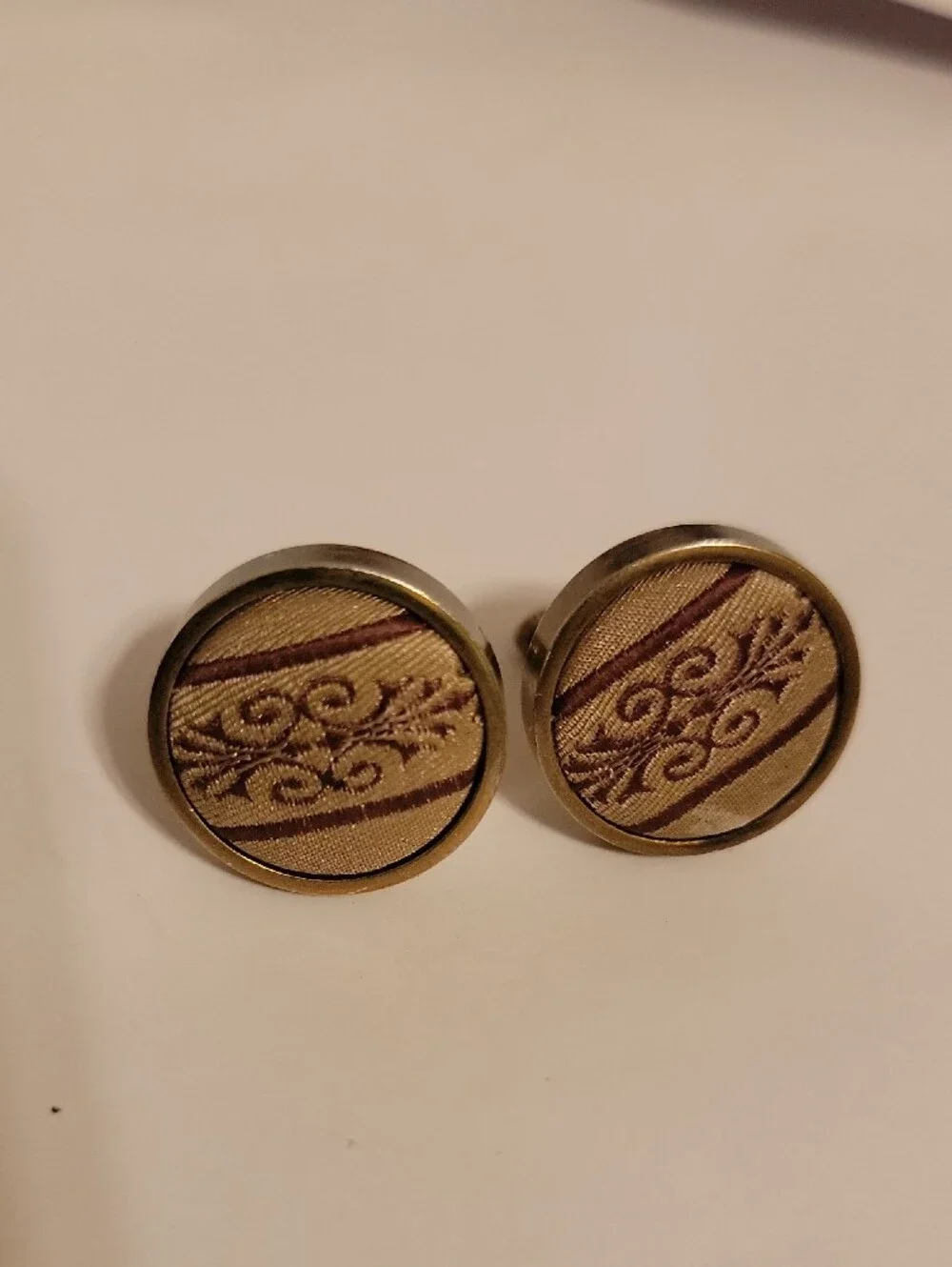 Brass-Tone Brown Pattern Round Cufflinks